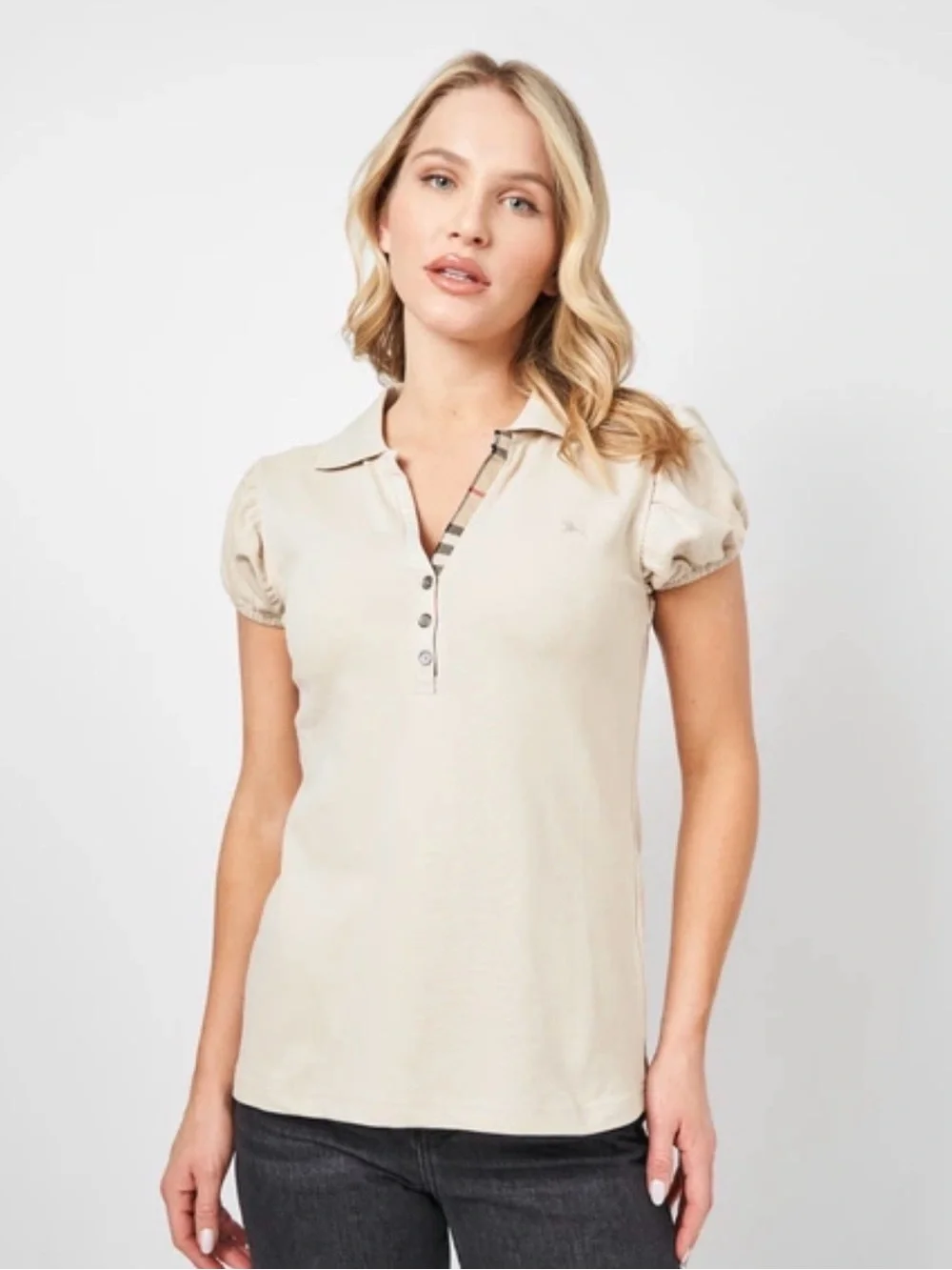 Burberry Cream Polo Top with Puff Sleeves